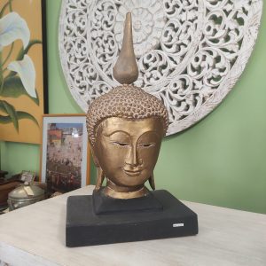 scultura testa di buddha in legno colore oro
