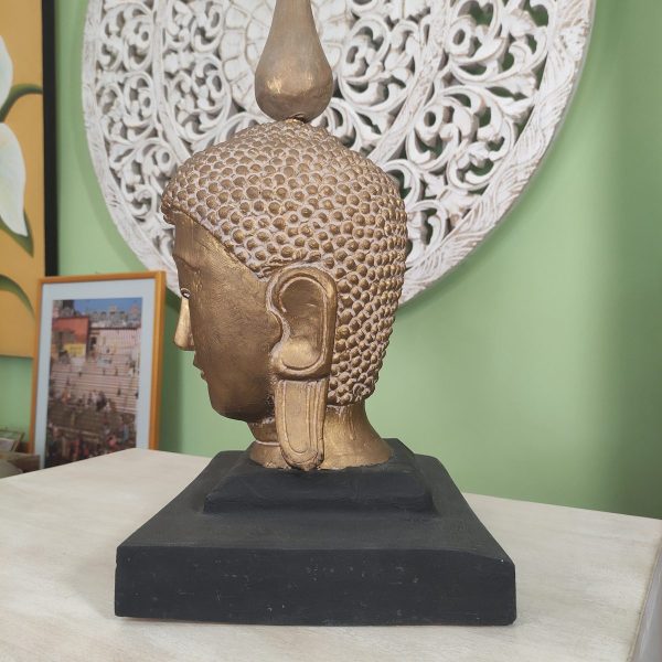 scultura testa di buddha in legno colore oro