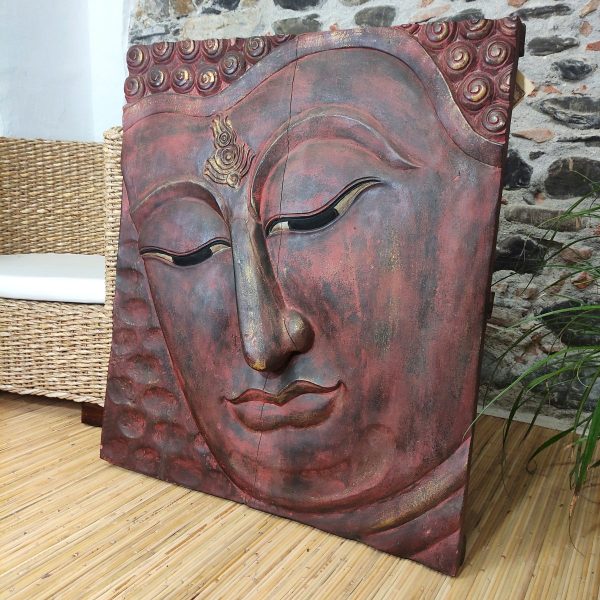 Pannello rosso con viso del Buddha fatto a mano