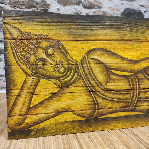 Pannello antico con Buddha sdraiato dipinto a mano