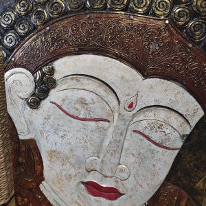 Pannello in legno dipinto a mano con viso del Buddha
