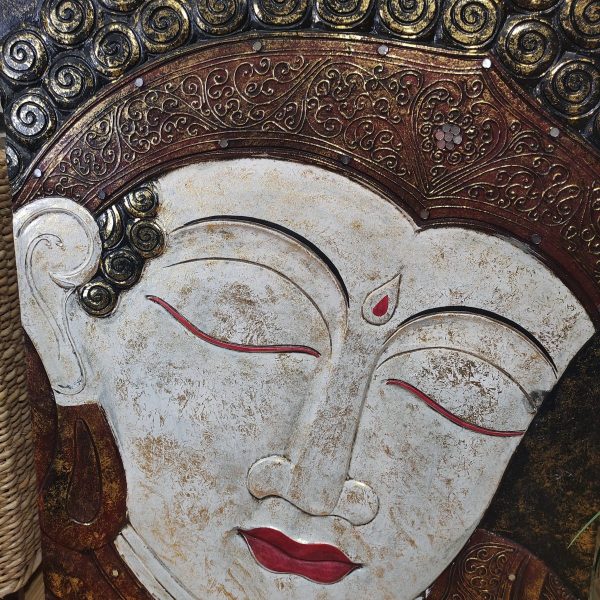Pannello in legno dipinto a mano con viso del Buddha