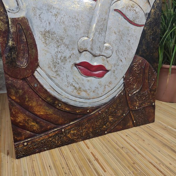 Pannello in legno dipinto a mano con viso del Buddha