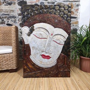 Pannello in legno dipinto a mano con viso del Buddha