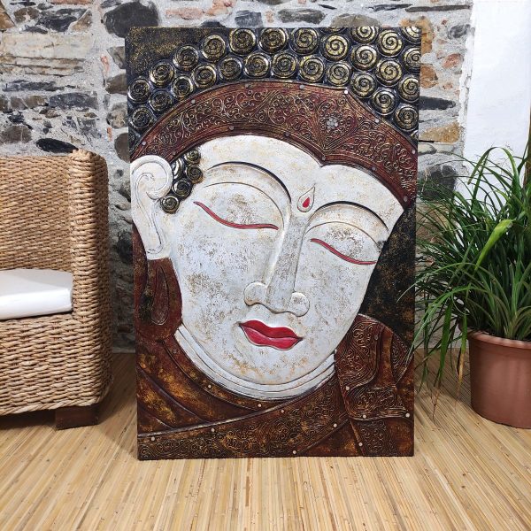 Pannello in legno dipinto a mano con viso del Buddha