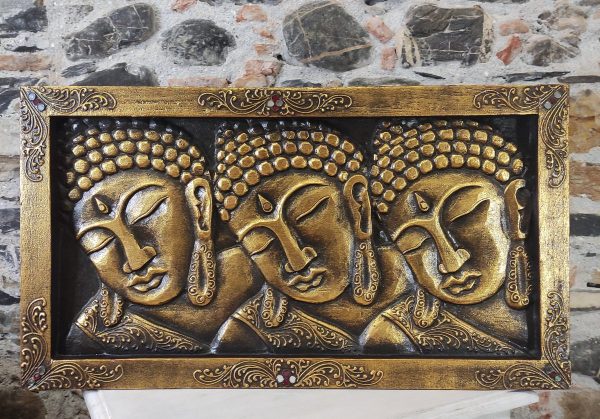 Pannello in legno dorato 3 visi del Buddha