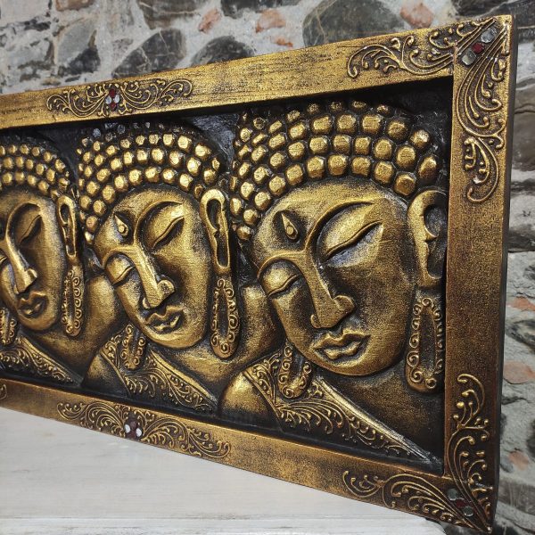 Pannello in legno dorato 3 visi del Buddha