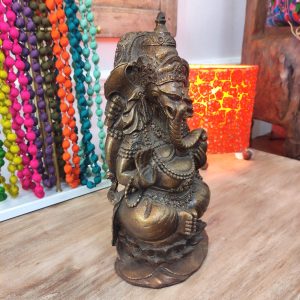 Statua ganesh seduto in fiore di loto color bronzo
