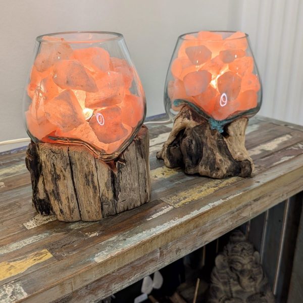 lampada di sale unica base legno e ampolla vetro