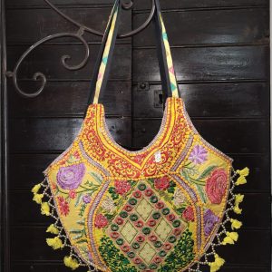 BORSA INDIANA OVALE RICAMATA GIALLA VERDE