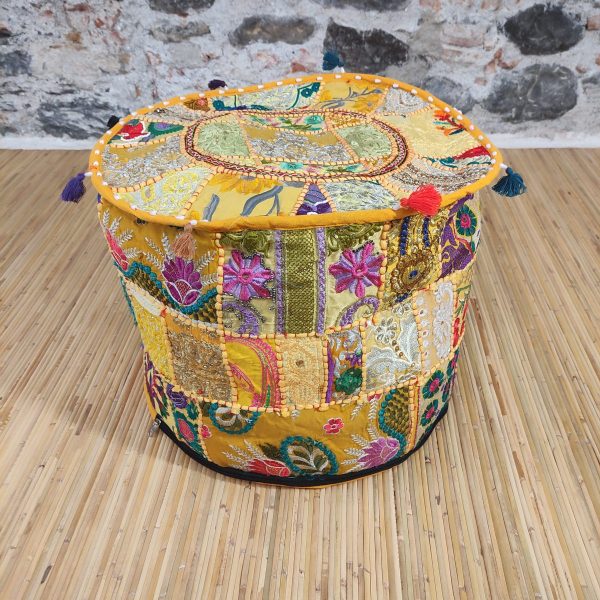 pouf indiano ricamato patchwork giallo