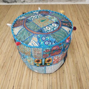 pouf indiano ricamato patchwork azzurro