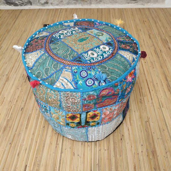 pouf indiano ricamato patchwork azzurro