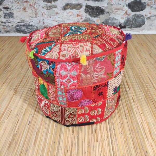 pouf indiano ricamato patchwork rosso