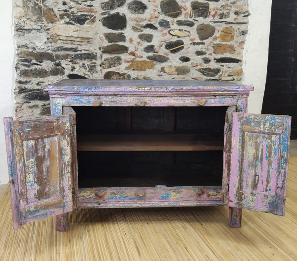 credenza indiana originale rosa e azzurra capiente con un ripiano