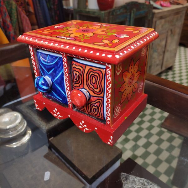 PICCOLA CASSETTIRA PORTA SPEZIE IN LEGNO E CERAMICA DIPINTA A MANO