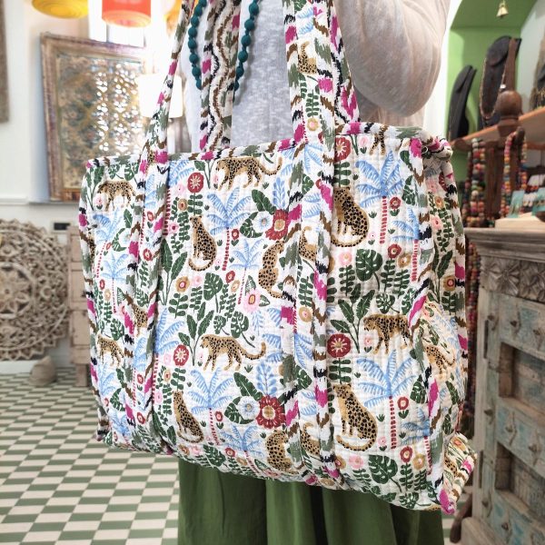 borsa indiana in cotone trapuntato borsa shopping bianca da spiaggia con tigri