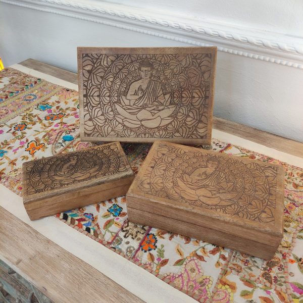 SCATOLE IN LEGNO SET PORTAGIOIE CON BUDDHA INTAGLIATO
