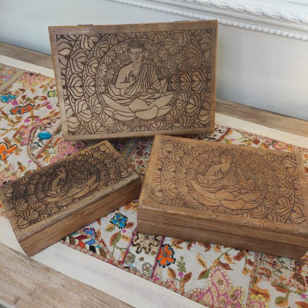 SCATOLE IN LEGNO SET PORTAGIOIE CON BUDDHA INTAGLIATO SUL COPERCHIO