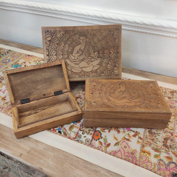 SCATOLE IN LEGNO SET PORTAGIOIE CON BUDDHA INTAGLIATO
