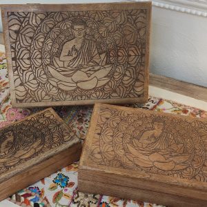 SCATOLE IN LEGNO SET PORTAGIOIE CON BUDDHA INTAGLIATO