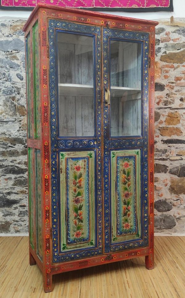 Dispensa indiana a vetri dipinta a fiori