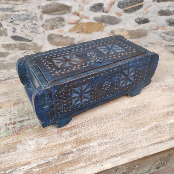 decorazione intagliata del coperchio di contenitore indiano portagioie blu in legno a due scomparti