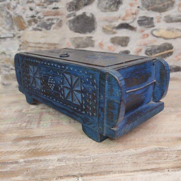 contenitore indiano portagioie blu in legno a due scomparti