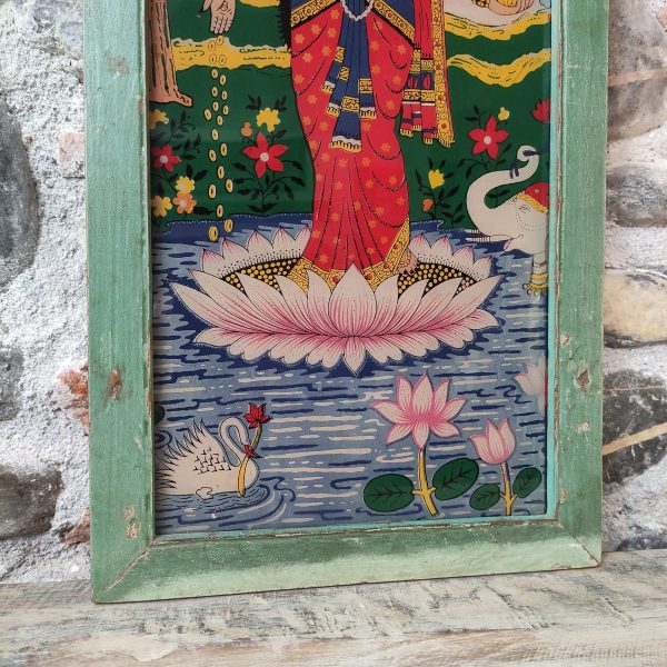 quadro stampa su vetro vintage raffigurante dea lakshmi. dettaglio del fiore di loto