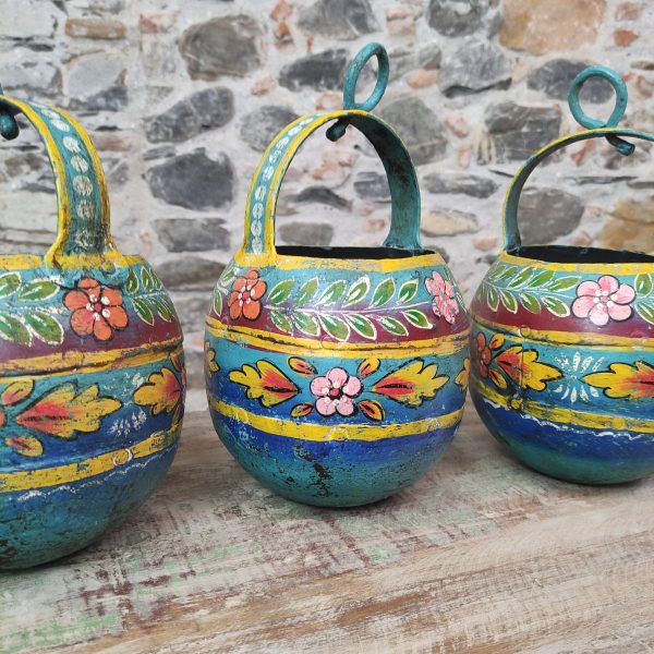 PORTA VASI IN METALLO ROTONDO DIPINTO A FIORI DA APPENDERE