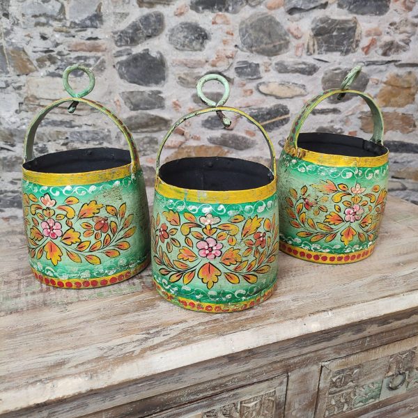 PORTA VASI INDIANI DIPINTI A FIORI DA APPENDERE IN FERRO
