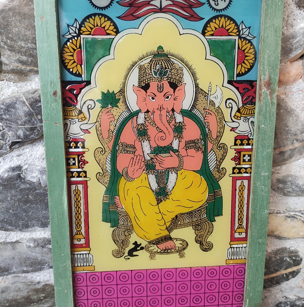 rara stampa su vetro indiana della divinità ganesh