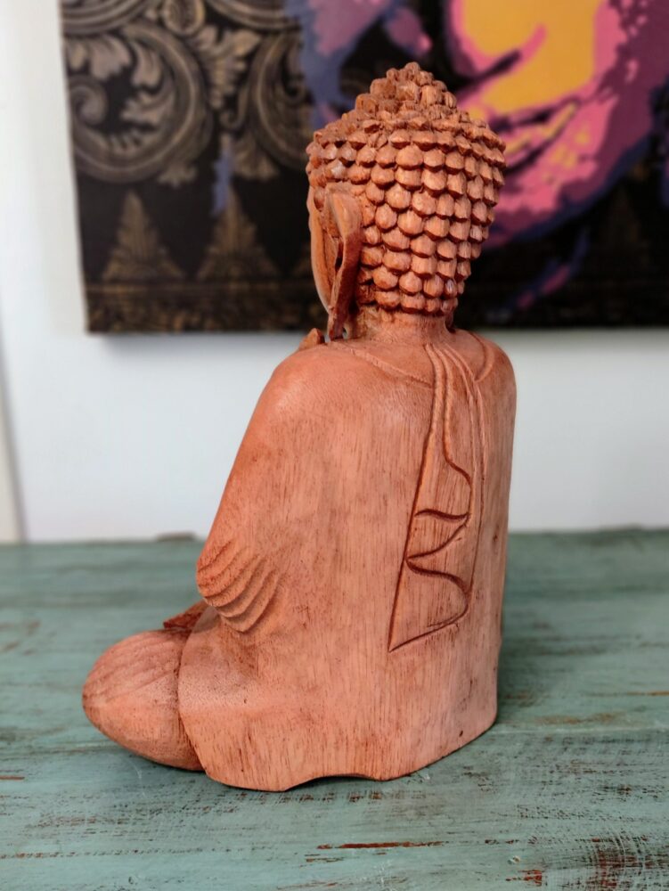 retro statua del Buddha in meditazione in legno naturale intagliata a mano altezza 30cm.