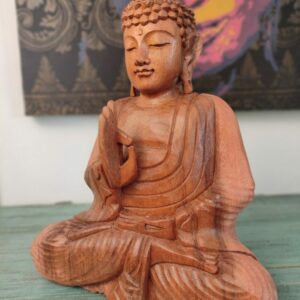 Statua del Buddha in meditazione in legno naturale intagliata vitarka mudra