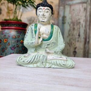 piccola statua Buddha verde acqua finitura anticata in legno