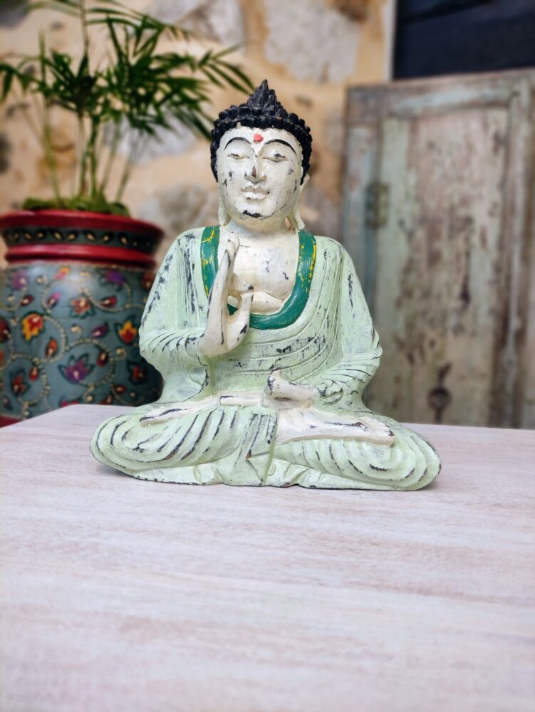 piccola statua Buddha verde acqua finitura anticata in legno
