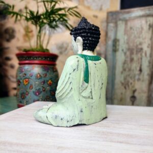 retro di Statua del Buddha in Vitarka Mudra verde acqua finitura anticata in legno