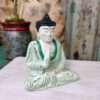 Statua Buddha verde acqua finitura anticata in legno mani in Vitarka Mudra.